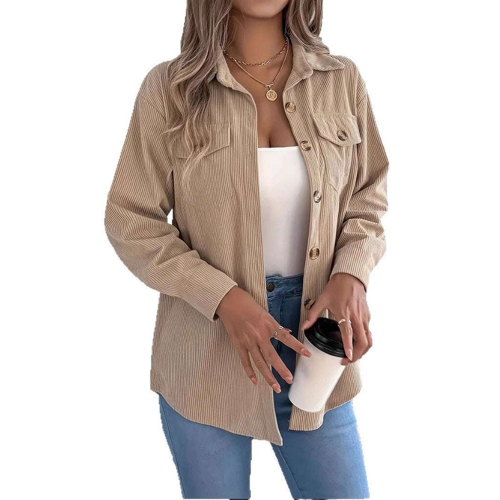 European And American Corduroy Striped Mid - length Coat Shirt - StepByStepNow