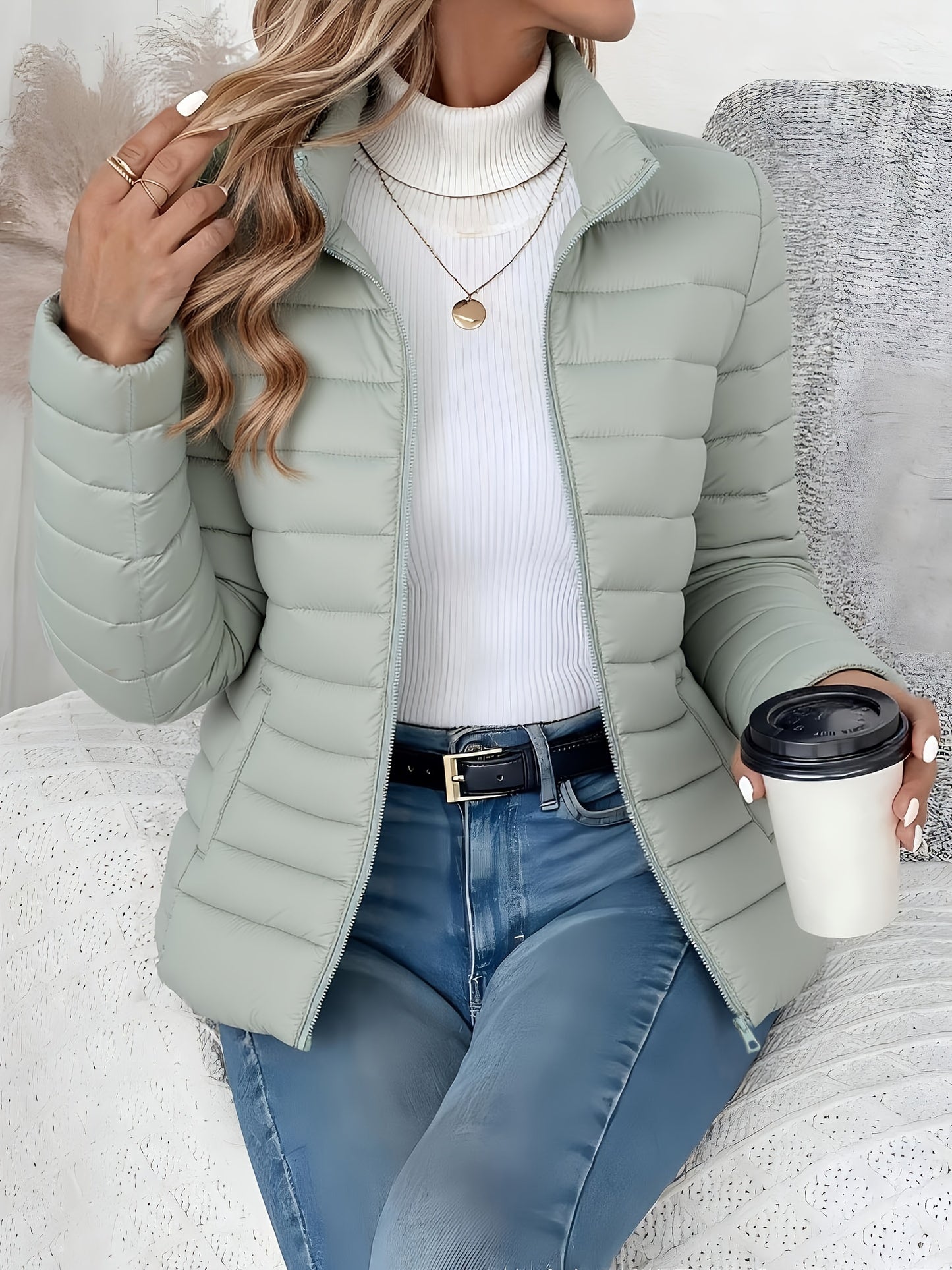 Women's Autumn Loose Winter Lightweight Warm Solid Color Coat - Elegant Fashion Versatile Beautiful Jacket - Stand Collar Zipper Long Sleeve - Casual Padded Overcoat Winter Clothing - Halloween Christmas Gift
