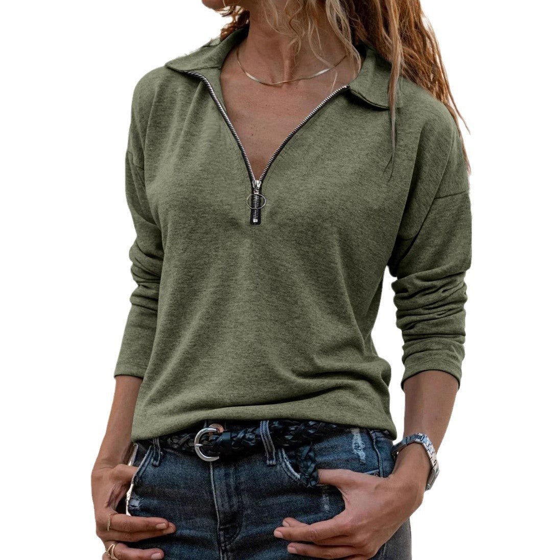 Fabric Lapel Zipper Casual Long Sleeve Women - StepByStepNow