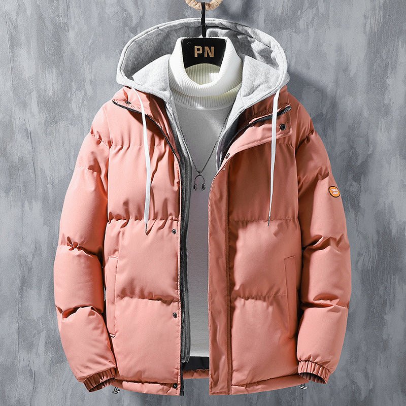 Fashion Hooded Jacket Men Winter Windproof Thickened Fake Two - piece Coat Solid Leisure Sports Cotton Jacket - StepByStepNow