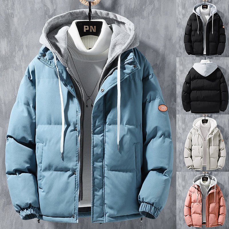 Fashion Hooded Jacket Men Winter Windproof Thickened Fake Two - piece Coat Solid Leisure Sports Cotton Jacket - StepByStepNow