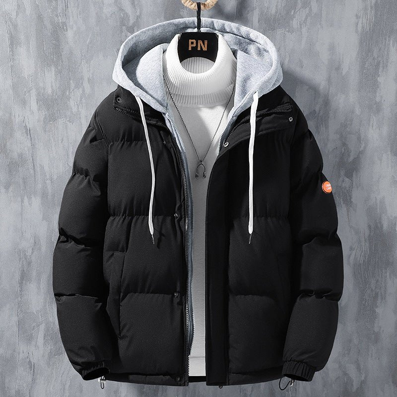 Fashion Hooded Jacket Men Winter Windproof Thickened Fake Two - piece Coat Solid Leisure Sports Cotton Jacket - StepByStepNow