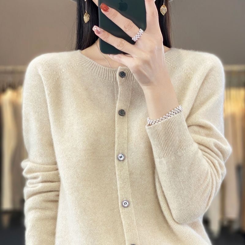 Fashion Merino Wool Cardigan Sweater Women O - Neck Long - sleeve Cashmere Knitwear Spring Autumn Female Clothing Tops - StepByStepNow