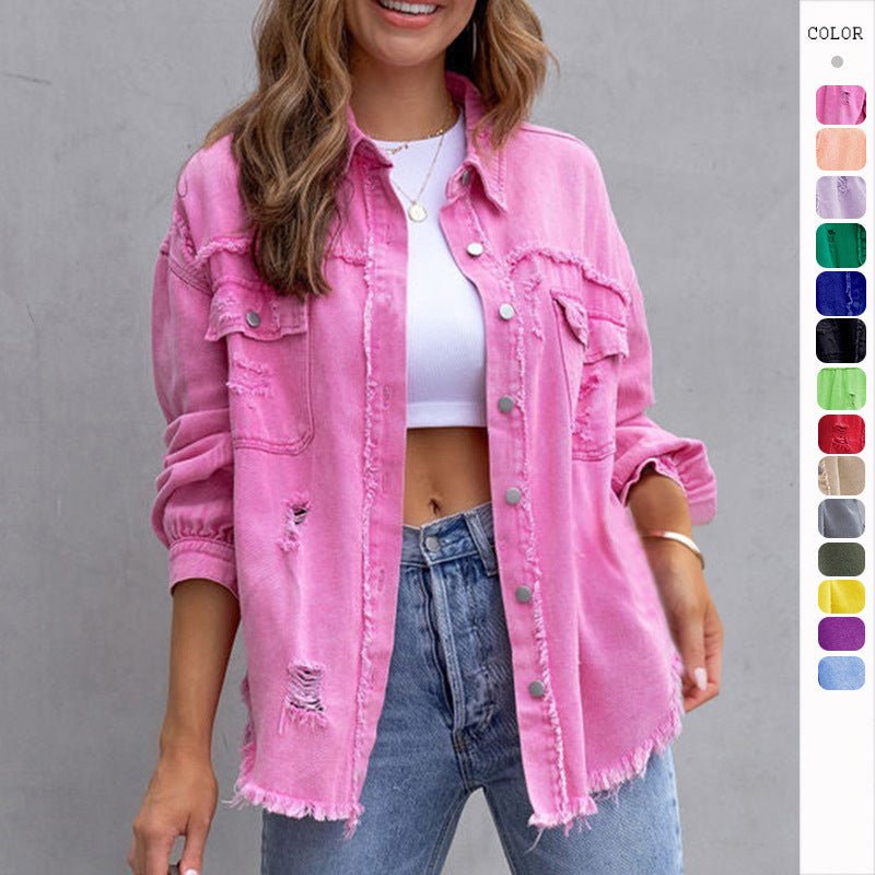 Fashion Ripped Shirt Jacket Female Autumn And Spring Casual Tops Womens Clothing - StepByStepNow