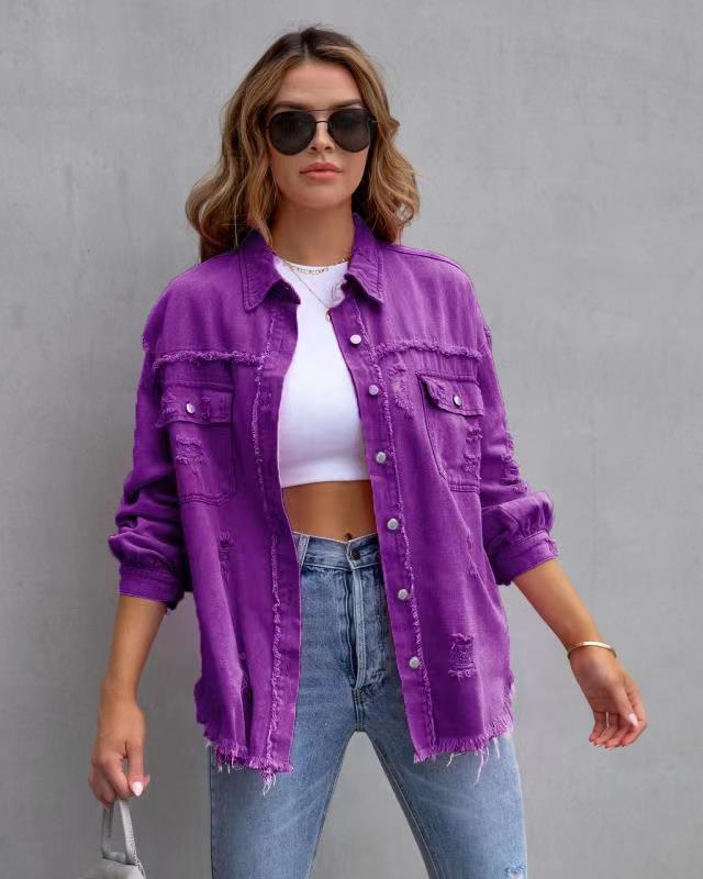 Fashion Ripped Shirt Jacket Female Autumn And Spring Casual Tops Womens Clothing - StepByStepNow