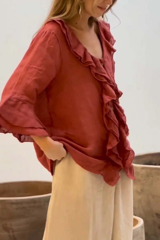 Fashion V - neck Ruffled Sleeve Ruffled Loose Casual - StepByStepNow
