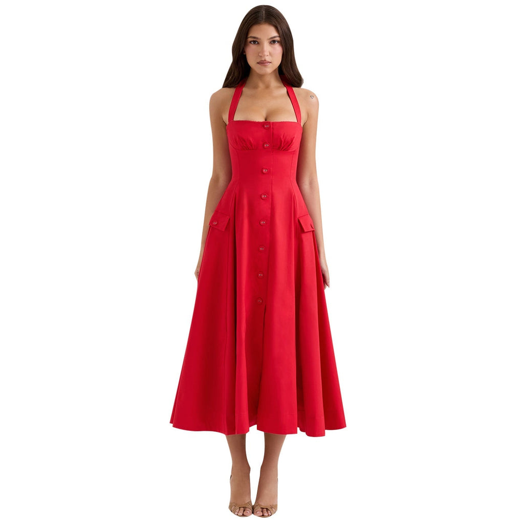 Fitted V - Neck Halter Dress For Women, Mid - waist, Midtown, BYMANYC New York. - StepByStep