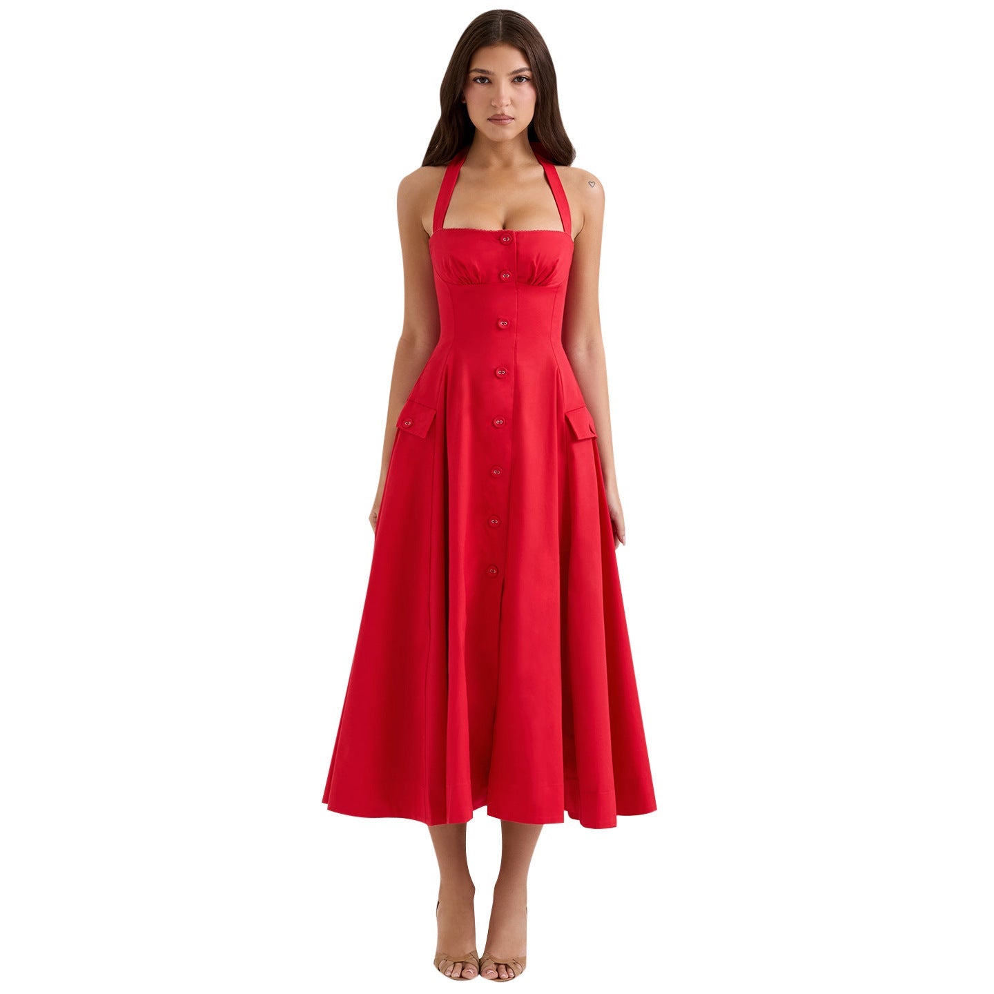 Fitted V - Neck Halter Dress For Women, Mid - waist, Midtown, BYMANYC New York. - StepByStep