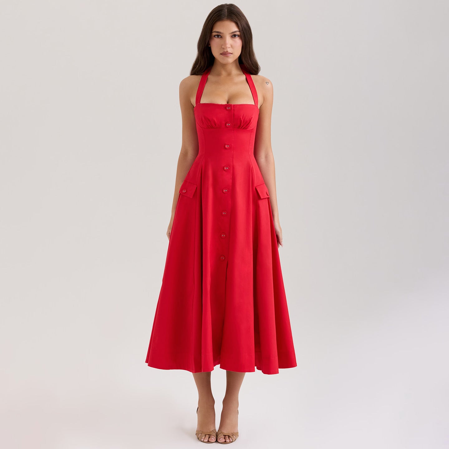 Fitted V - Neck Halter Dress For Women, Mid - waist, Midtown, BYMANYC New York. - StepByStep