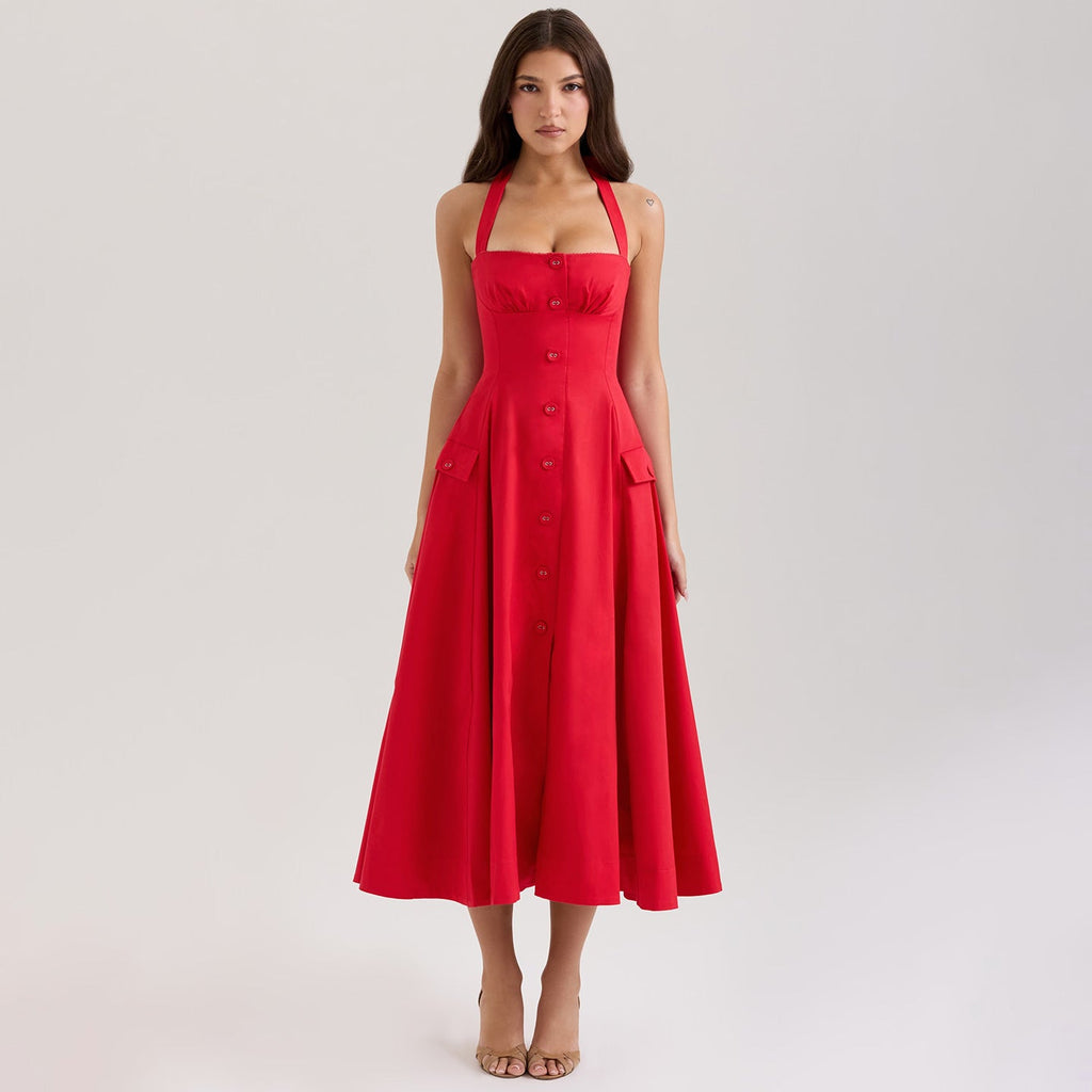 Fitted V - Neck Halter Dress For Women, Mid - waist, Midtown, BYMANYC New York. - StepByStep