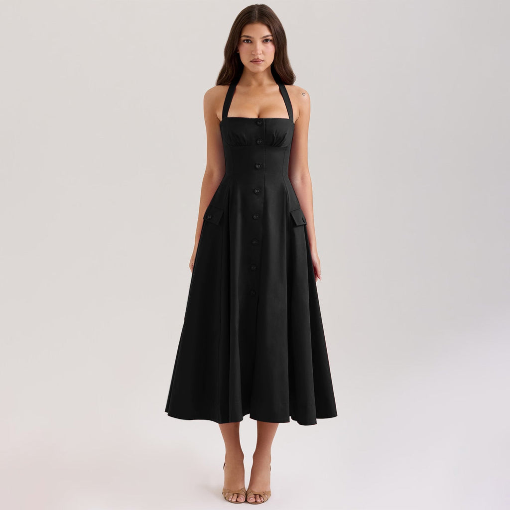 Fitted V - Neck Halter Dress For Women, Mid - waist, Midtown, BYMANYC New York. - StepByStep