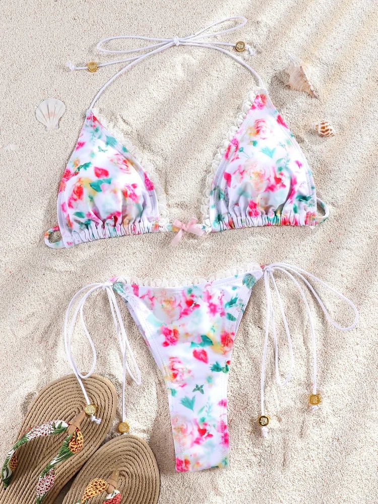 Floral Print Bordered Bikini Set Sexy Swimwear Women 2026 Bikinis Swimsuit Micro Thong Bandage Bathing Suits - StepByStepNow