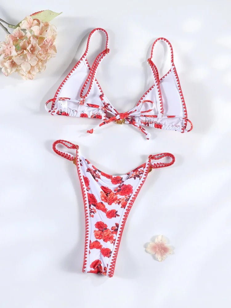Floral Print Bordered Bikini Set Sexy Swimwear Women 2026 Bikinis Swimsuit Micro Thong Bandage Bathing Suits - StepByStepNow