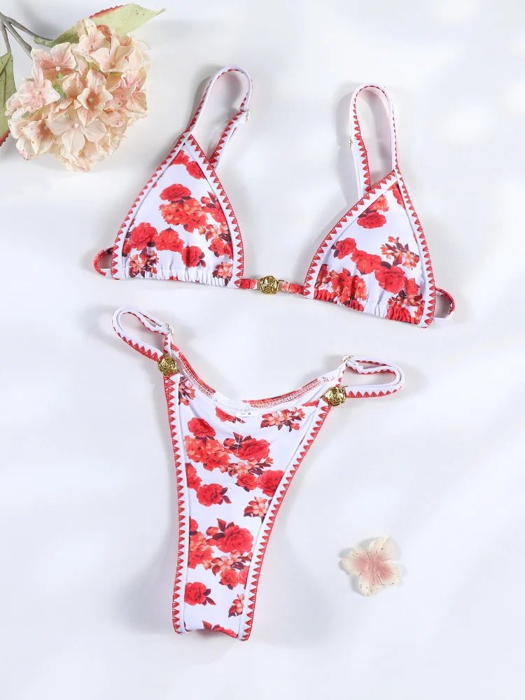 Floral Print Bordered Bikini Set Sexy Swimwear Women 2026 Bikinis Swimsuit Micro Thong Bandage Bathing Suits - StepByStepNow
