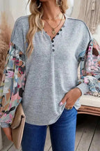 Floral - Sleeves Buttoned V - Neck Top - Gray - StepByStep