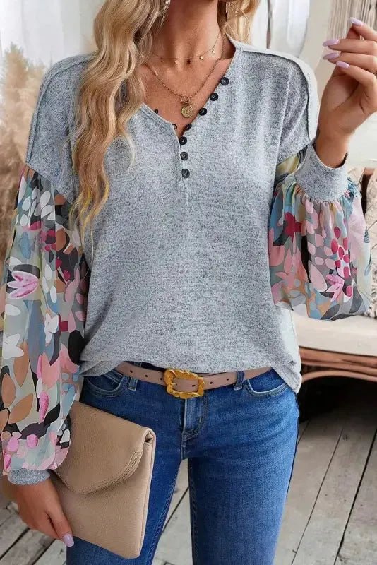 Floral - Sleeves Buttoned V - Neck Top - Gray - StepByStep