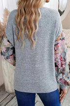 Floral - Sleeves Buttoned V - Neck Top - Gray - StepByStep