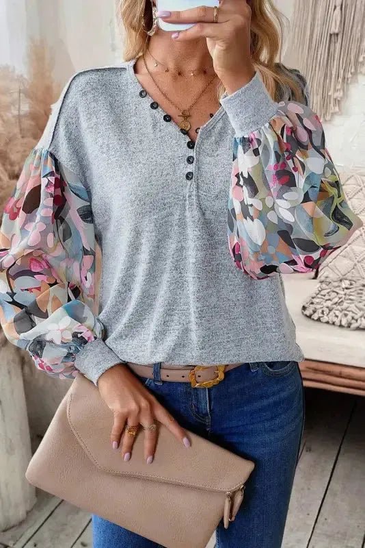 Floral - Sleeves Buttoned V - Neck Top - Gray - StepByStep