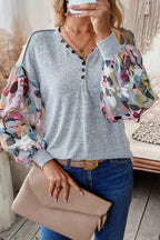 Floral - Sleeves Buttoned V - Neck Top - Gray - StepByStep