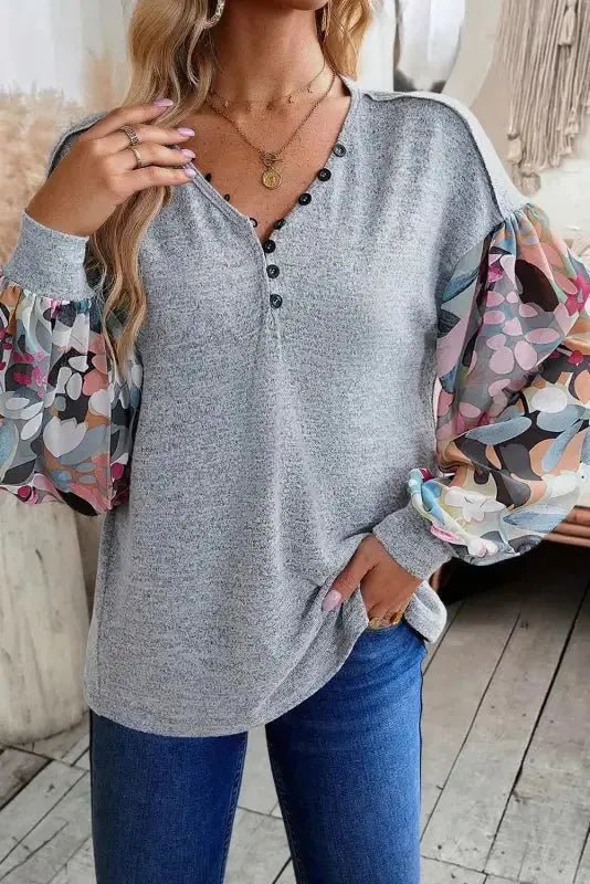 Floral - Sleeves Buttoned V - Neck Top - Gray - StepByStep