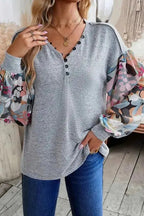 Floral - Sleeves Buttoned V - Neck Top - Gray - StepByStep