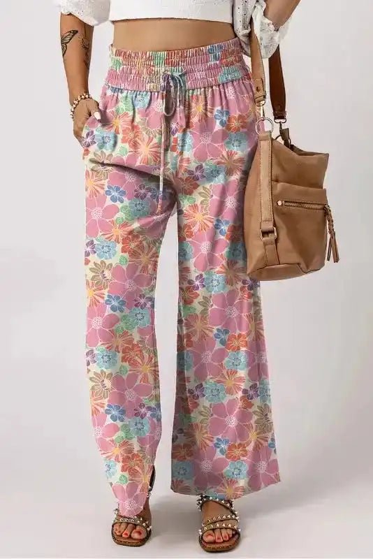 Floral Smocked Waist Loose Pants - StepByStep