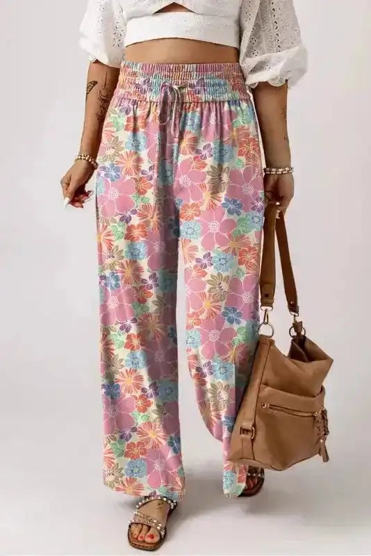 Floral Smocked Waist Loose Pants - StepByStep
