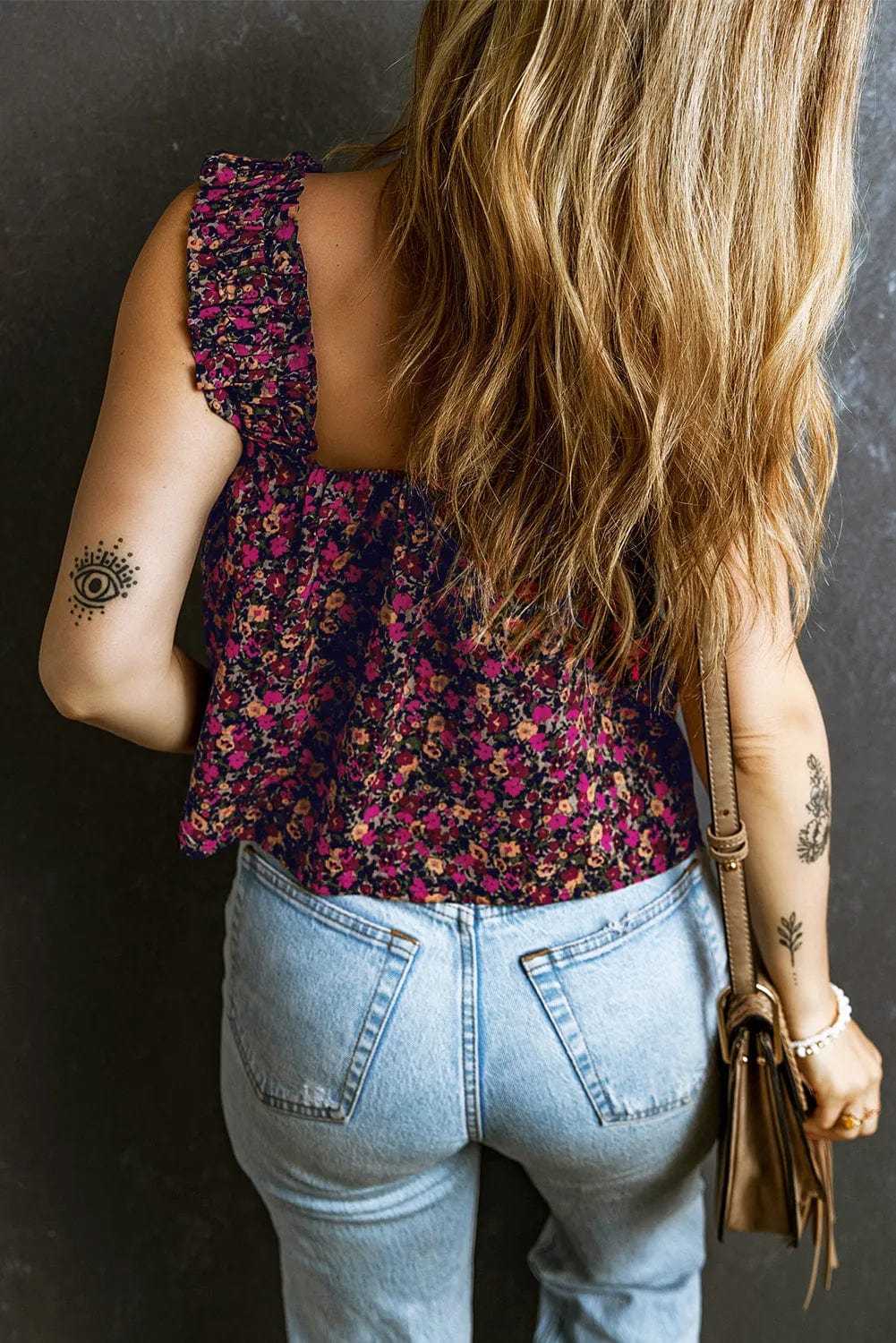 Floral Tank Top - Rose Boho Frilled Straps - StepByStep