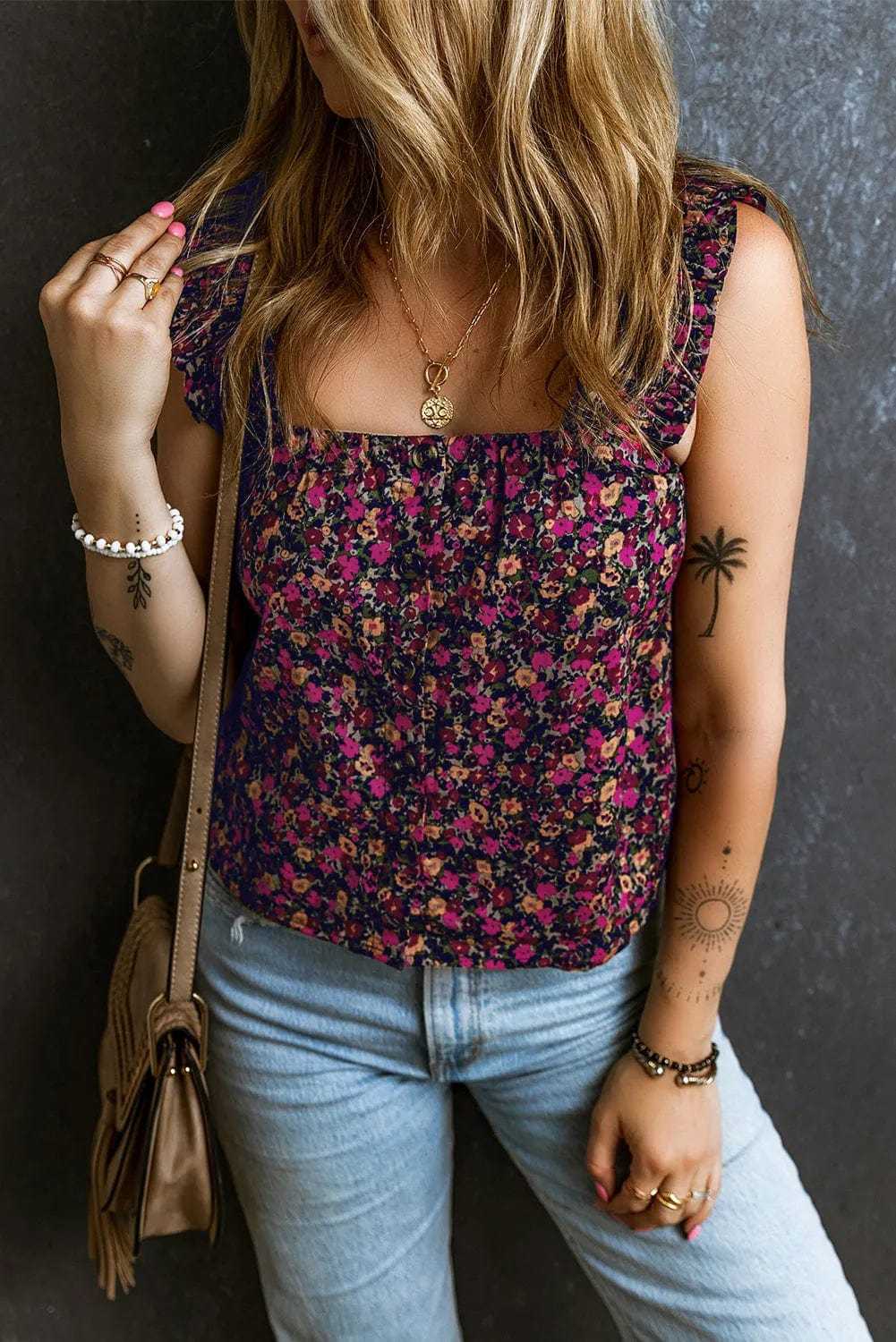 Floral Tank Top - Rose Boho Frilled Straps - StepByStep