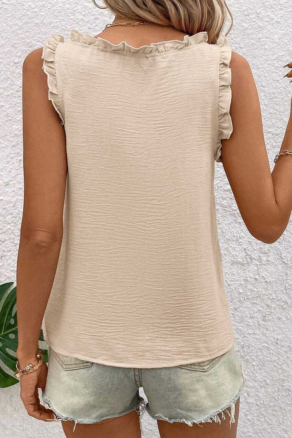 Frilly Trim Tank Top in Parchment – Feminine, Wrinkle - Resistant, Vegan - Friendly - StepByStep