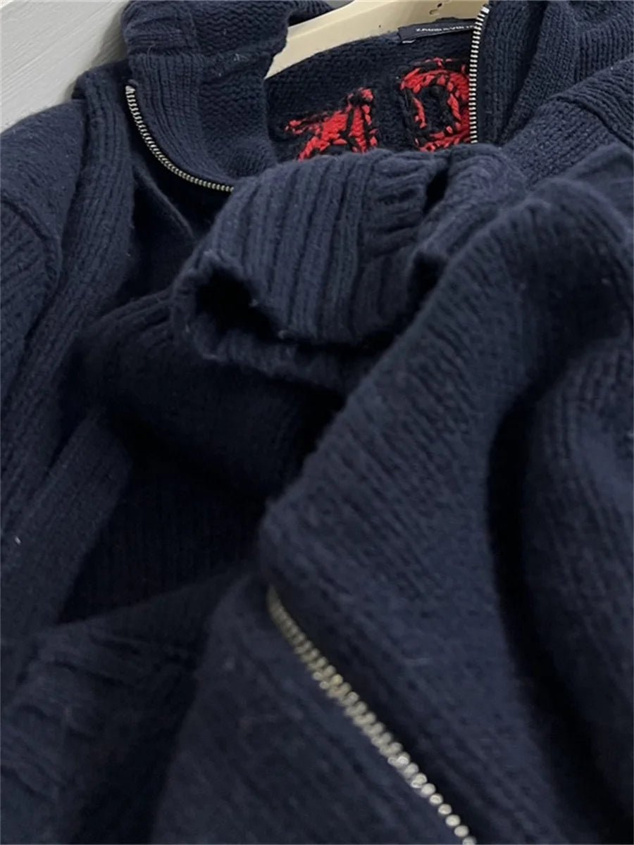 Giacca con cappuccio autunno inverno da donna in lana 100% con lettera posteriore lavorata a maglia con cerniera manica lunga moda vintage da donna - StepByStepNow