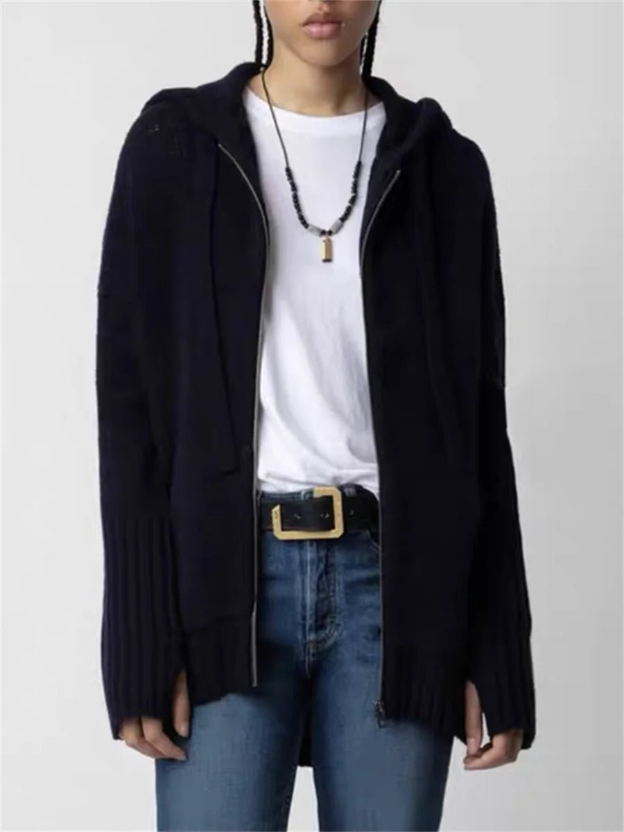 Giacca con cappuccio autunno inverno da donna in lana 100% con lettera posteriore lavorata a maglia con cerniera manica lunga moda vintage da donna - StepByStepNow