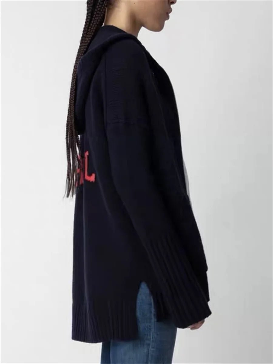 Giacca con cappuccio autunno inverno da donna in lana 100% con lettera posteriore lavorata a maglia con cerniera manica lunga moda vintage da donna - StepByStepNow