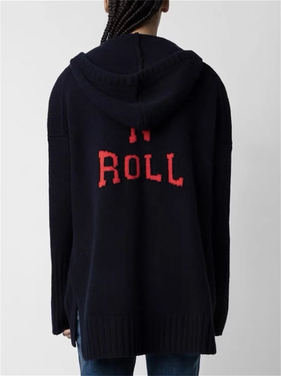 Giacca con cappuccio autunno inverno da donna in lana 100% con lettera posteriore lavorata a maglia con cerniera manica lunga moda vintage da donna - StepByStepNow