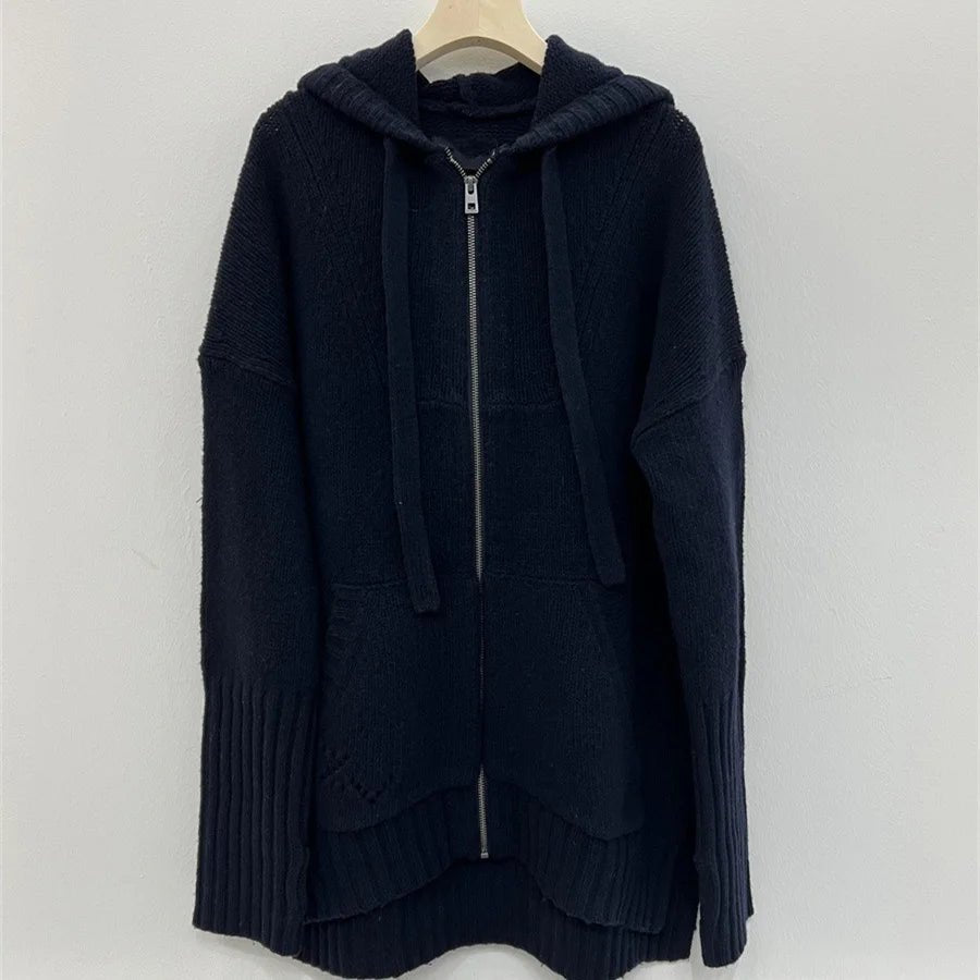 Giacca con cappuccio autunno inverno da donna in lana 100% con lettera posteriore lavorata a maglia con cerniera manica lunga moda vintage da donna - StepByStepNow