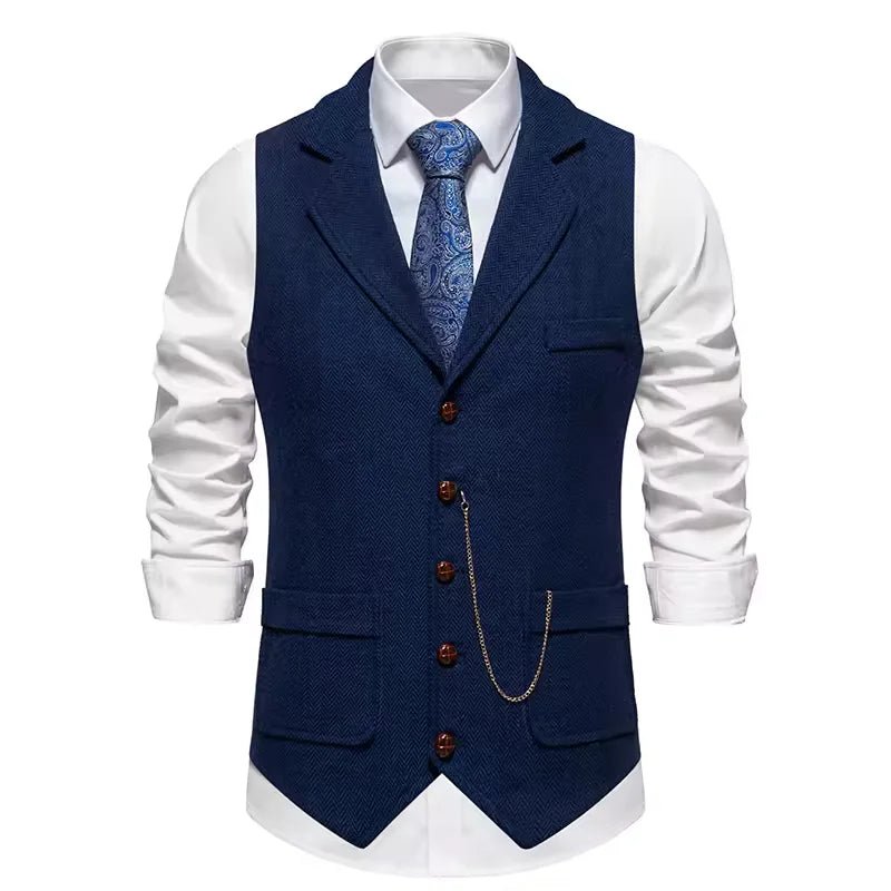 Gilet da uomo con catena con risvolto retrò Moda a spina di pesce Tasche in tweed grosso Gilet da abito British Casual Vintage Gentleman Leisure Party - StepByStepNow