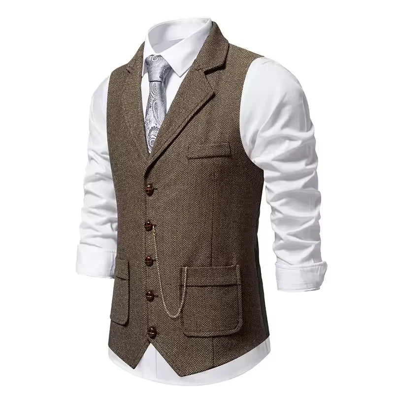 Gilet da uomo con catena con risvolto retrò Moda a spina di pesce Tasche in tweed grosso Gilet da abito British Casual Vintage Gentleman Leisure Party - StepByStepNow