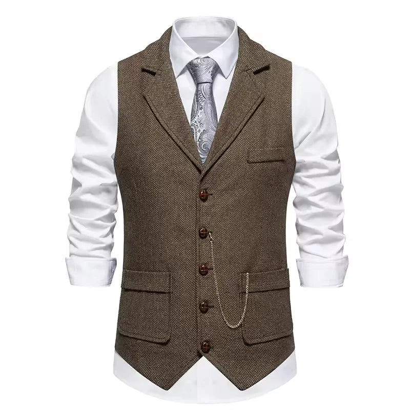 Gilet da uomo con catena con risvolto retrò Moda a spina di pesce Tasche in tweed grosso Gilet da abito British Casual Vintage Gentleman Leisure Party - StepByStepNow