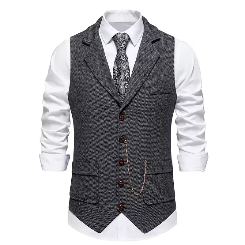 Gilet da uomo con catena con risvolto retrò Moda a spina di pesce Tasche in tweed grosso Gilet da abito British Casual Vintage Gentleman Leisure Party - StepByStepNow