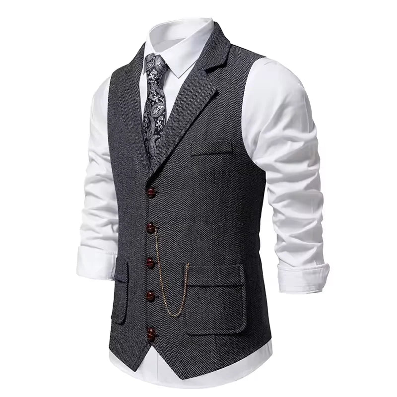 Gilet da uomo con catena con risvolto retrò Moda a spina di pesce Tasche in tweed grosso Gilet da abito British Casual Vintage Gentleman Leisure Party - StepByStepNow