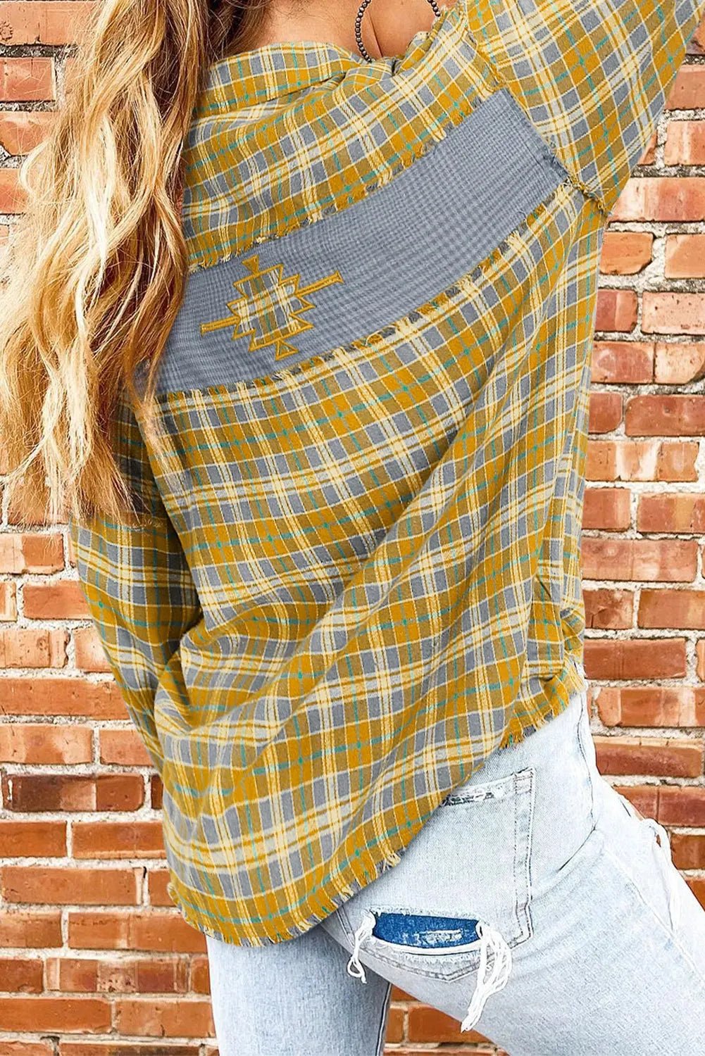 Ginger Plaid Embroidery Patch Button - Down Shacket - StepByStep