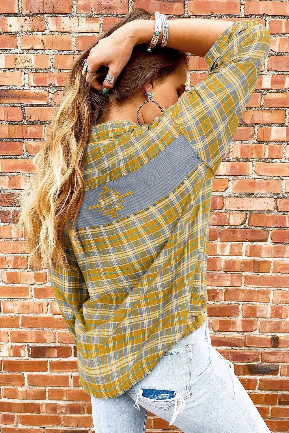 Ginger Plaid Embroidery Patch Button - Down Shacket - StepByStep