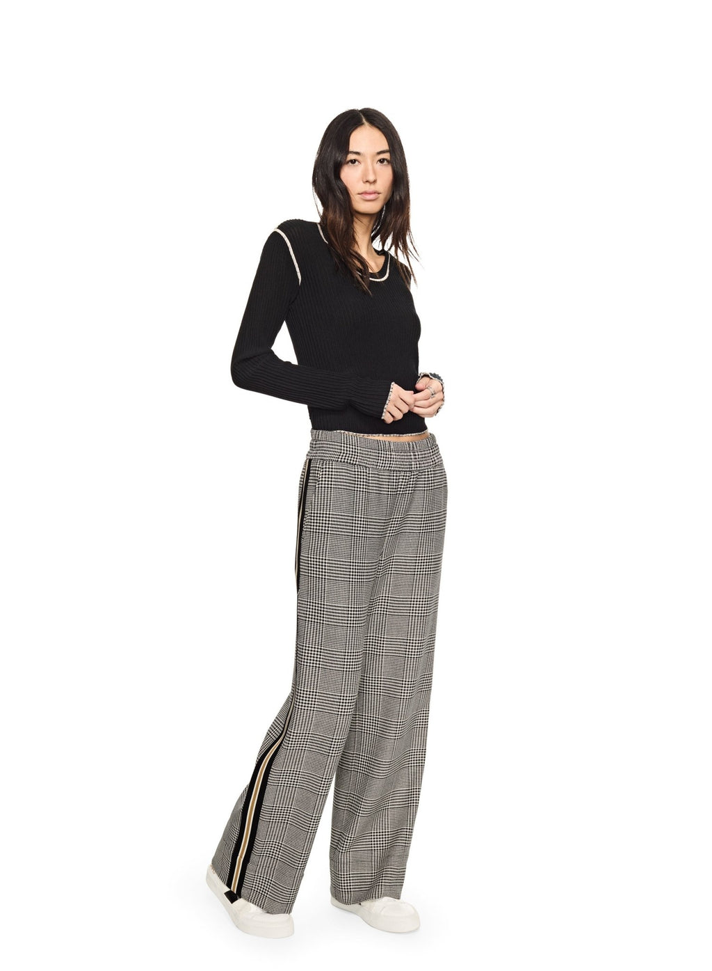 Glen Plaid Wide - Leg Track Pant With Side Tape Detail - StepByStep