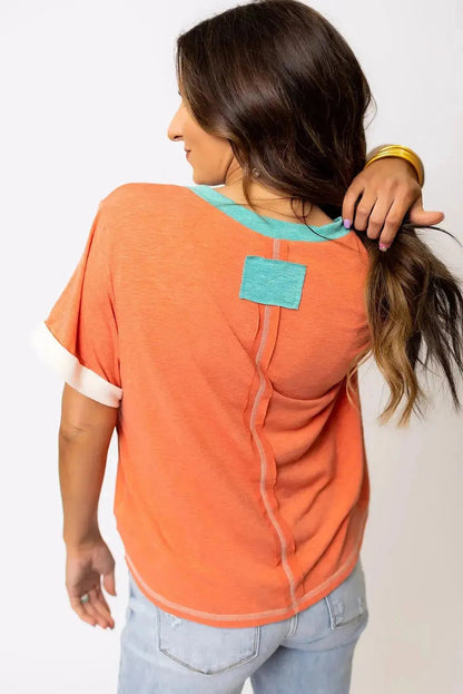 Grapefruit Orange Contrast Trim Exposed Seam V Neck T-shirt - StepByStep