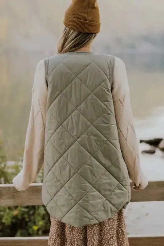 Grass Green Quilted Long Vest Jacket with Pockets - StepByStep