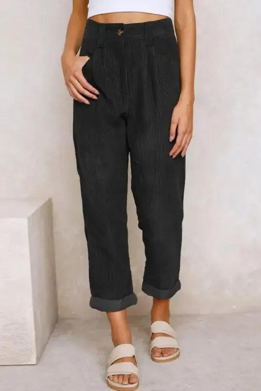 Gray Corduroy High Waist Straight Leg Pants - StepByStep