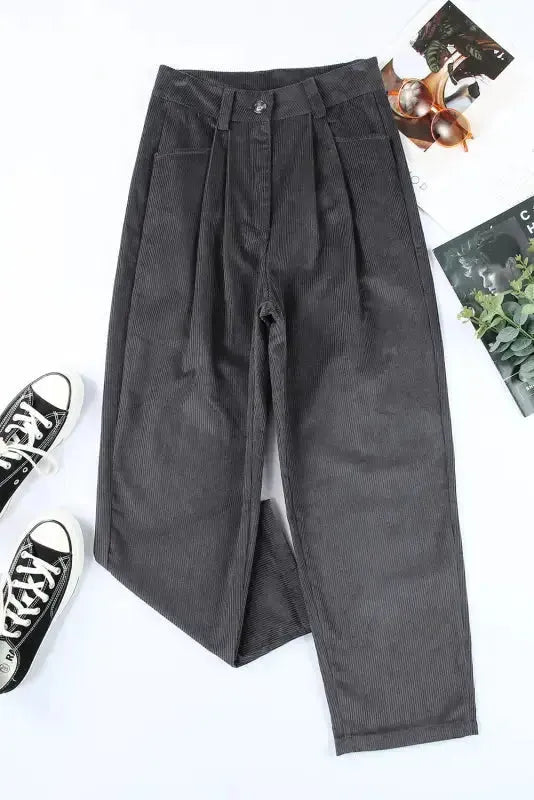Gray Corduroy High Waist Straight Leg Pants - StepByStep