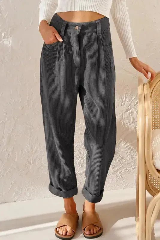 Gray Corduroy High Waist Straight Leg Pants - StepByStep