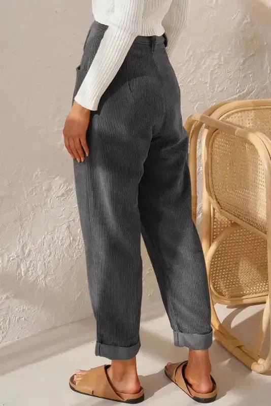 Gray Corduroy High Waist Straight Leg Pants - StepByStep