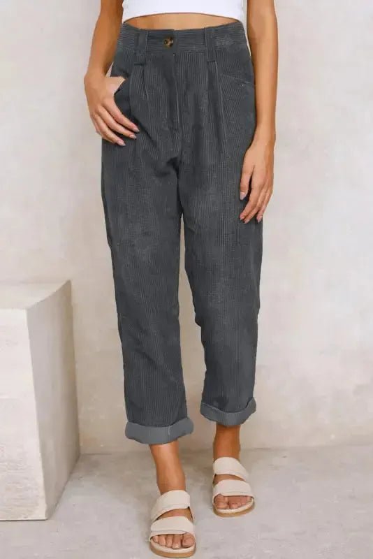 Gray Corduroy High Waist Straight Leg Pants - StepByStep